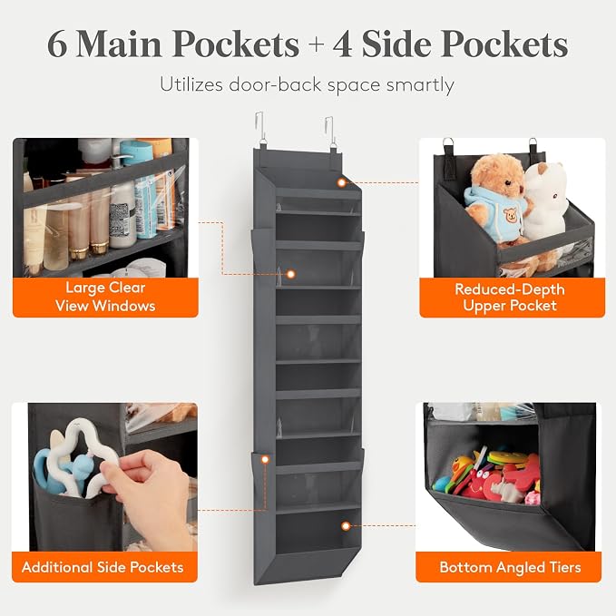 Lifewit 1 Pack Over the Door Organizer, 6 Section Clear Window Hanging Storage with 4 Side Pockets, Sturdy Anti Tilt 40 lbs Load Behind Door for Closet, Bedroom, Bathroom, Nursery, Dorm, Gray - Image 3