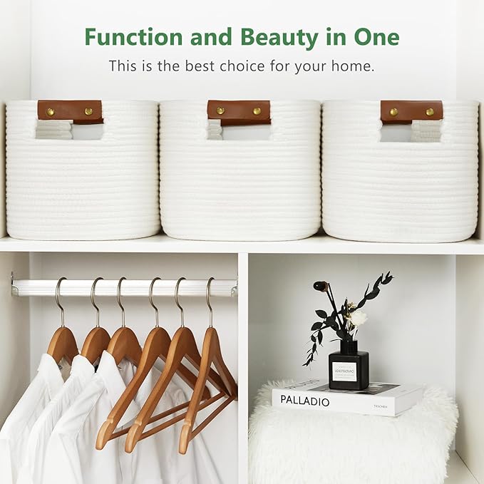 ECDYQXVU Cotton Rope Basket, Storage Baskets with Handle, 15x10x9 Inch Woven Basket for Shelves, Laundry, Towels, Clothes, Books (White 2Pack) - Image 5