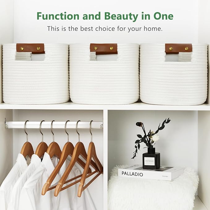 ECDYQXVU Cotton Rope Basket, Storage Baskets with Handle, 15x10x9 Inch Woven Basket for Shelves, Laundry, Towels, Clothes, Books (White 1Pack) - Image 6