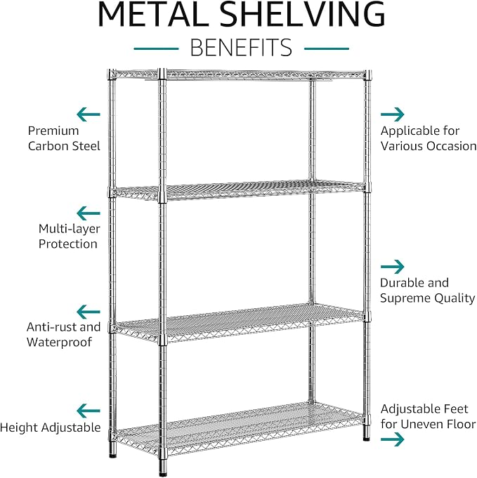 IZEUK 3400 LBS Garage Shelving Wide Storage Shelves 4 Tier Metal Shelves Heavy Duty Adjustable Utility Shelf Rack Chrome 17.7" D x 59.1" W x 70.4" H - Image 5