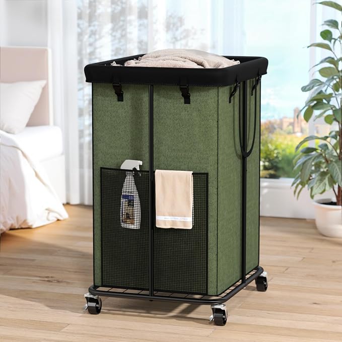 150L Laundry Hamper with Wheels, Rolling Laundry Basket with Metal Frame and Removable Bag, Large & Tall Dirty Clothes Hampers for Bedroom Aesthetic, Laundry Room, Bathroom, Dorm-Green by OLLDIDE