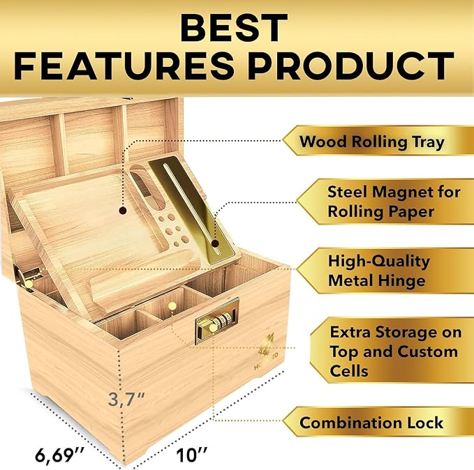 HOVANZO Premium Large Bamboo Storage Box with Removable Tray - Storage Wood Box for Herbs and Accessories - Storage Box Set with Combination Lock - Smell Proof Container with Accessories - Image 5