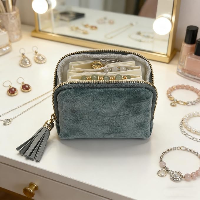 Small Travel Jewelry Case - Jewelry Travel Organizer Bag with Tassel Zipper for Bracelets, Necklaces, Bangles, Jewelry Organizer Storage Bag Gift for Women Girls - LJB001-Mint Blue - Image 4
