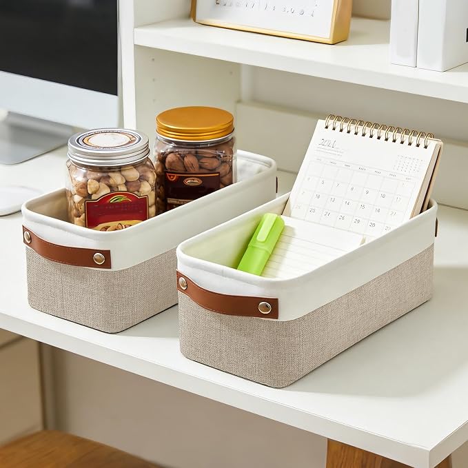Bagnizer Small Fabric Storage Baskets, 15x6x5 inch Narrow Storage Bins 4-Pack Long Storage Basket for Organizing with Handles, Decorative Basket for Closets, Shelves, Toilet Paper, Beige - Image 6