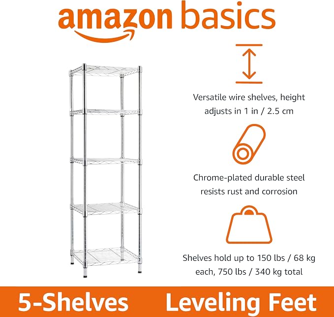 Amazon Basics 5-Shelf Tower Adjustable Storage Shelving Unit, Chrome, 16" x 16" x 54", 150 lbs Per Shelf | Tower, Adjustable - Image 4