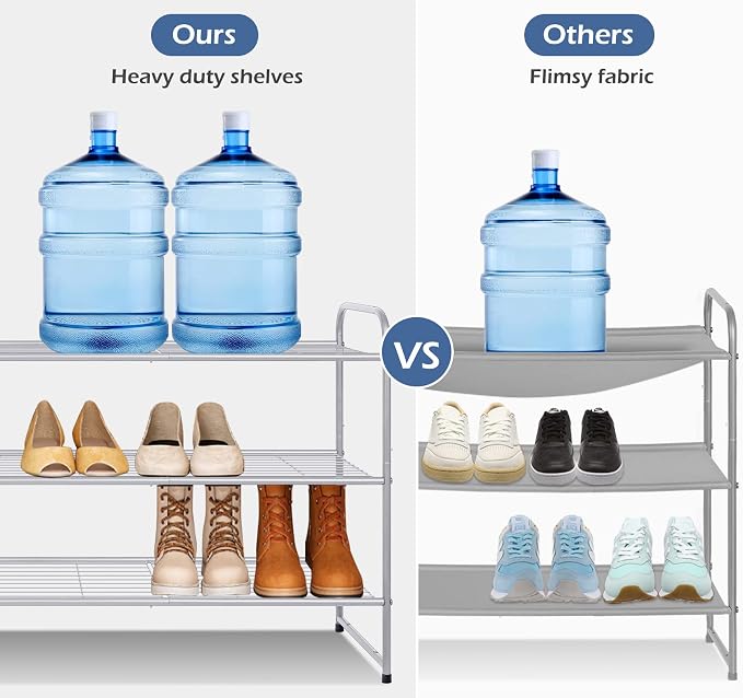 KEETDY 3-Tier Long Shoe Rack for Closet Metal Shoe Organizer for Entryway, Wide Stackable Shoe Storage Shelf with Sturdy Wire Grid for Closet Floor, Bedroom, Grey - Image 3