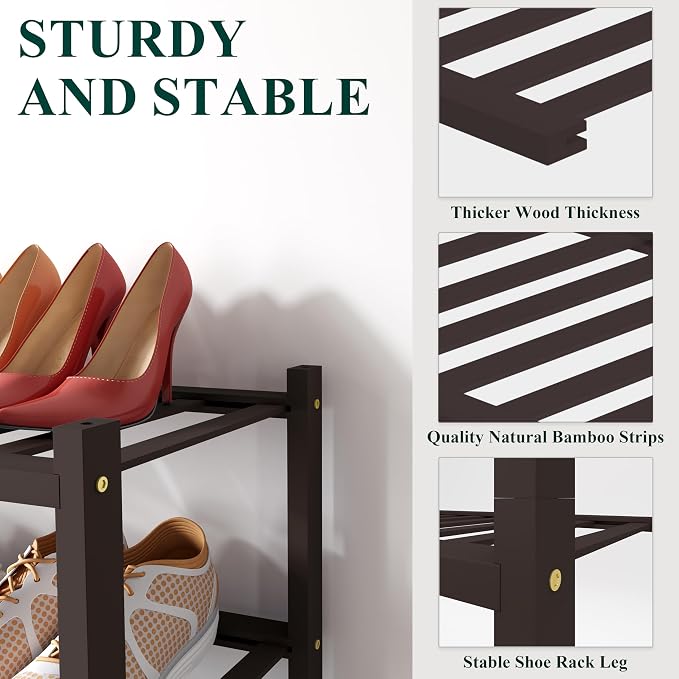 Smiry Bamboo Shoe Rack for Closet, 4 Tier Small Wooden Stackable Shoe Organizer, Free Standing Shoes Storage Shelf for Entryway, Front Door Entrance, Brown - Image 2