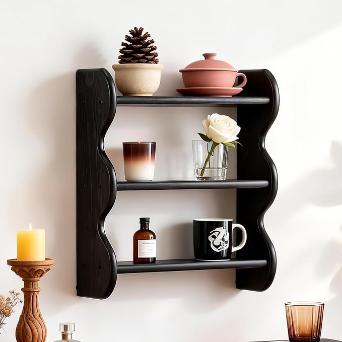 100% Solid Wood Floating Shelf, Vintage Wall Shelves Wall Mounted Storage Rack 3-Tier, Farmhouse Decor Hanging Shelf Display Shelves for Apartment, Living Room and Bedroom by HuiDao