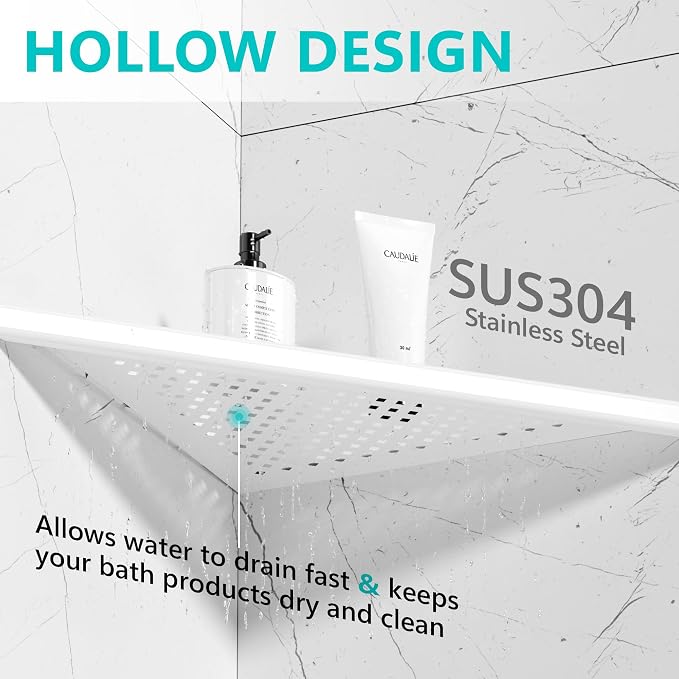 Qeke Bathroom Corner Shelf, Recessed 12" Shower Shelf Caddy, SUS304 Stainless Steel Shelf Wall Mount Triangular, No Drilling, Matte White - Image 4