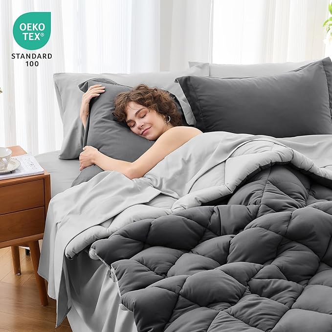 MUXHOMO 7 Pieces Queen Comforter Set, Reversible Bed in a Bag Queen Size, All Season Bedding Set with Comforter, Flat Sheet, Fitted Sheet, Pillowcases & Shams, Dark Grey & Light Grey