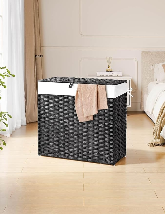 Greenstell Laundry Hamper with Lid, 125L Laundry Basket with 2 Removable Liner Bags & 2 Mesh Bags, Handwoven Synthetic Rattan Clothes Hamper for Clothes, Toys in Bathroom, Bedroom, Foldable, Black - Image 2