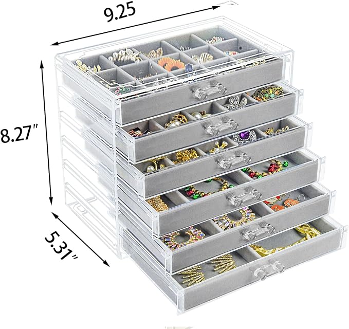 Watpot Acrylic Jewelry Box with 6 Drawers, Clear Earring Storage Organizer Display Case for Women Girls, Gray - Image 2