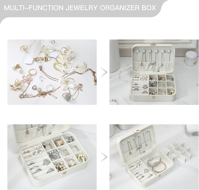 CASEGRACE Travel Jewelry Box Small Jewelry Organizer Case Display Storage for Earrings Necklace Rings Bracelets Portable Jewelry Organizer for Women Girls, White - Image 4
