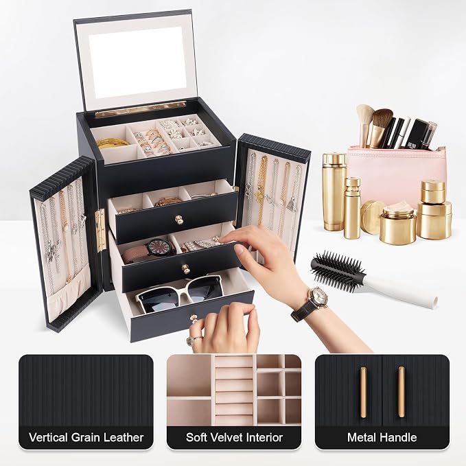 Dajasan Large Jewelry Box for Women, Jewelry Organizer Box with 3 Drawers, Jewelry Storage Organizer with Mirror for Necklace Ring Bracelet Watch, Gift Idea, 8.7 x 7.5 x 9.8 Inches (Black) - Image 4