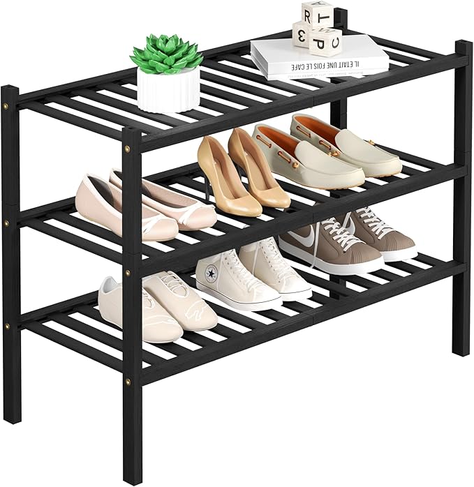 ROMGUAR CRAFT 3 Tier Bamboo Shoe Rack for Closet Free Standing Wood Shoe Shelf Storage Organizer for Entryway Small Space Stackable 27"x11"x20" (Black) by ROMGUAR+CRAFT