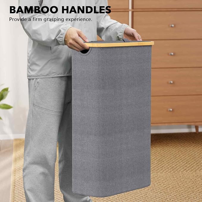 SpaceAid Slim Laundry Hamper with Lid, 65L Narrow Clothes Basket Bin with Bamboo Handles, Skinny Tall Collapsible Hamper for Bedroom, Bathroom, Dorm, Laundry Room - Grey - Image 8
