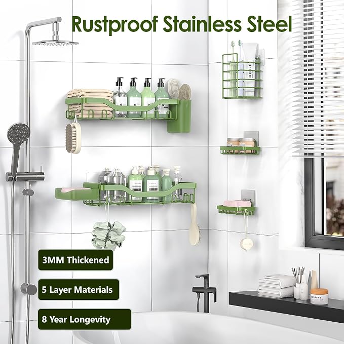 NESOMI Shower Caddy Adhesive Shower Organizer 7-Pack, Rustproof Stainless Steel Bathroom Shelves, Large Capacity No-Drill Rack Storage Accessories with Soap Dish Toothbrush Holder Hooks - Image 5