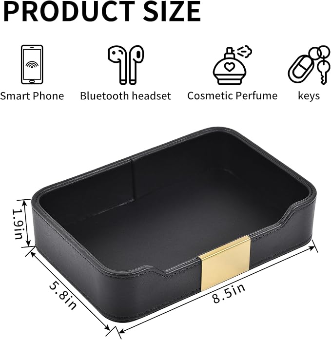 Luxury Leather Valet Tray Desktop Storage Organizer,Bedside Vanity Catchall Tray Nightstand Caddy Holder for Cosmetic,Jewelry,Watch,Keys,Phone,Wallet,Remote Controller,Pen,Black - Image 4
