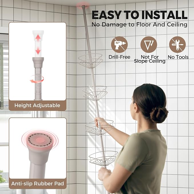 Urackify Corner Shower Caddy Tension Pole, 4 Tier Adjustable Bathroom Organizer Shelves, Shower Storage With Hidden Hook & Towel Holder,63.7-119 Inch No-Drill Quick Installation Shower Rack,Sliver - Image 4