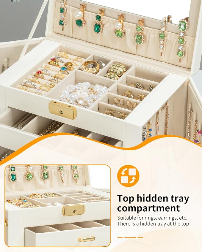 AKOZLIN Large 4-Tier Jewelry Box Leather Jewelry Storage Organizer with 3 Drawers Lockable for Women Girls Ring Necklace Earring Bracelet Watches Holder with Mirror White - Image 4