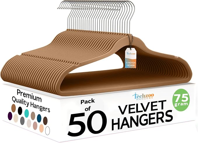 Techzoo 50 Pack New Premium Quality Velvet Hangers Ultra Thin Non Slip Adult Felt Space Saving Hangers for Closet Heavy Duty Coat Pants Jackets Dress Hangers 360° Swivel Hook Hold Upto 10 lbs Bronze by TECHZOO