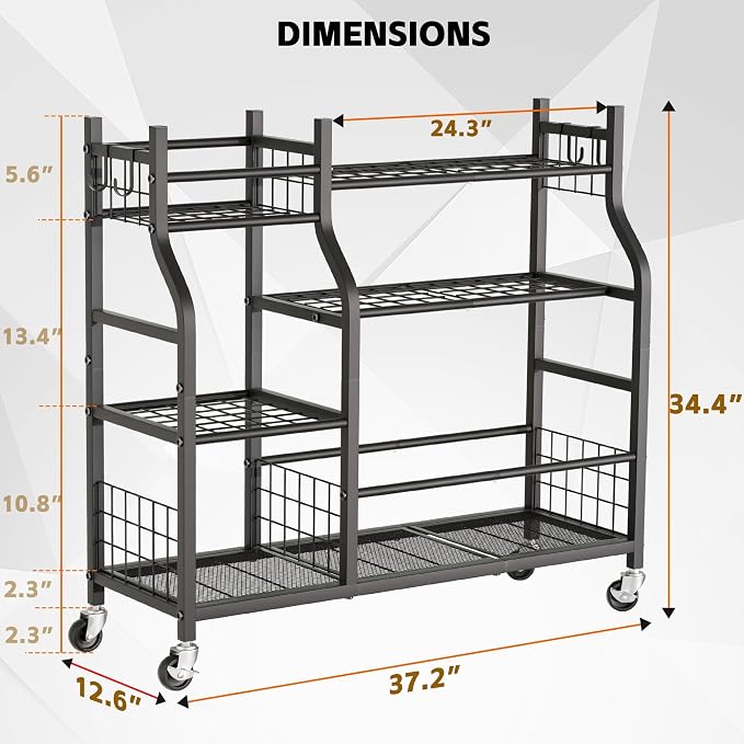Garden Tool Organizer with Wheels for Garage and Shed, Spacious Tool Storage, Multi-Tier Design with Side Hooks for Rakes, Shovels, Brooms, and Yard Tools Rolling Cart - Image 4