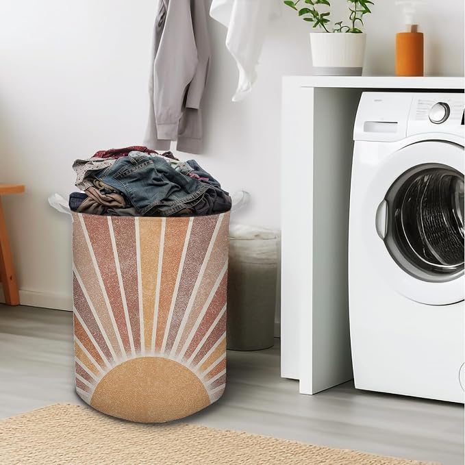 Boho Laundry Basket, Mid Century Modern Boho Neutral Sun Sunshine Waterproof Collapsible Laundry Hamper Dirty Clothes Storage Toy Bin Organizer for Bathroom Bedroom Nursery Girls Kids Room - Image 2