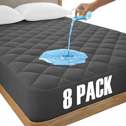 LUX Décor Full Size Mattress Pad - 8 Pack - Quilted Elastic Fitted Mattress Cover Protector Upto 16 Inches Deep Pocket - Soft Breathable Noiseless Mattress Topper (Grey “54 X 75”)