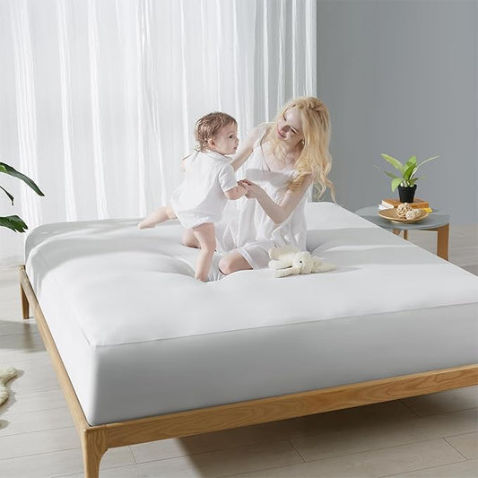 KUB Mattress Topper&Cooling Mattress Protector Bed Fitted Sheet Set, Deep Pocket&4 Elastic Bands, Triple Anti-Slip, Back Pain Relief, Breathable Soft 2 inch Mattress Pad Cover (White, Twin)