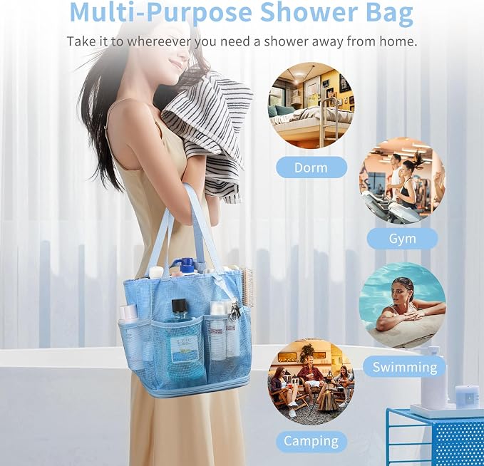 Mesh Shower Caddy Portable for College Dorm Room Essentials, Shower Tote Bag with Hanging Hook and Drawstring, Quick Dry Toiletry Bag with 6 Pockets for Bathroom, Swimming, Gym, Camping, Beach, Travel - Image 6
