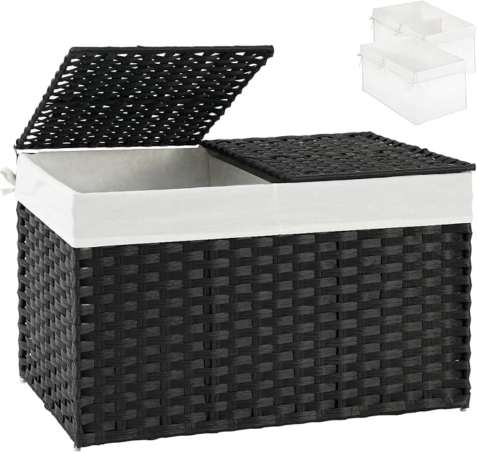 SETVSON Storage Basket with Lid Wicker Baskets for Storage with 2 Separate Lid 42.3 Gallon (160 L) 29.9 x 17.3 x 18.1 Inches Rattan Woven Large Wicker Basket with 2 Liners for Bedroom Laundry Black by SETVSON
