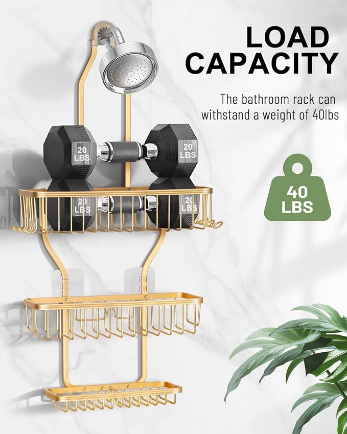 Shower Caddy Hanging - Never Rust Shower Hanging Organizer - Aluminum Over the ShowerHead Caddy with Soap Basket and 6 Razor/Sponge Hooks (Gold) - Image 6