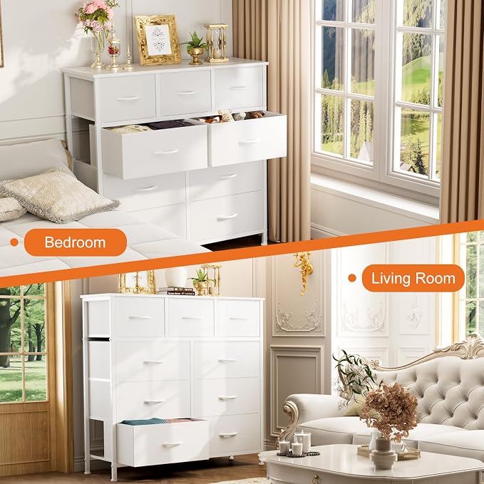 Sweetcrispy 9-Drawer Fabric Dresser Storage Tower with Wood Top and Steel Frame, Organizer Chest with Easy Pull Handles for Bedroom, Closet, Hallway,Pure White - Image 7