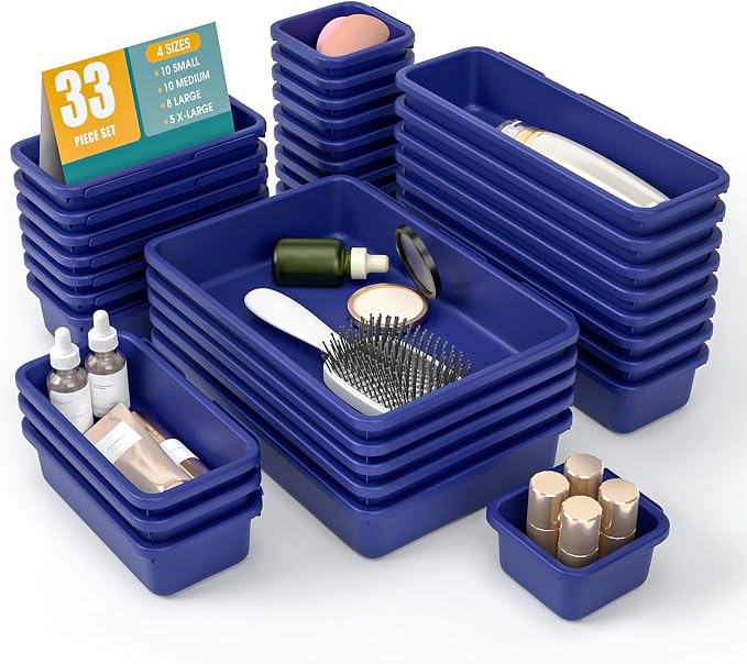 33 PCS Drawer Organizer Set, 4 Size Makeup Drawer Divider Organizer With Non-Slip Pads, Interlocking Plastic Storage Bins for Office,Jewelry Vanity,Gadgets, Bathroom,Kitchen, Navy by StoreHappily