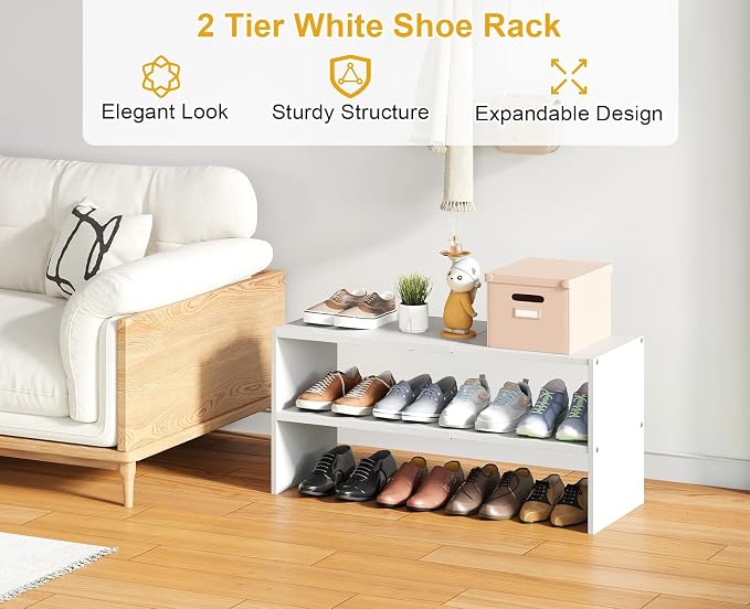 White Shoe Rack Organizer for Closet, 2-Tier Expandable Shoe Shelf, Stackable Iron Wood Combination Small Shoe Racks Shelves for Closets, Entryway,Small Space,Hallway,Bedroom,Bathroom,6-12 Pairs - Image 3
