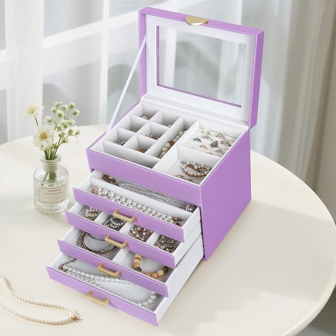 Kendal Jewelry Box, 5-Layer Jewelry Organizer Box with Glass Lid, Purple, Heart Shaped PU Leather, Storage Box for Necklace Earrings Rings Bracelets, Gift Idea for Girls LJC4DRPL - Image 5