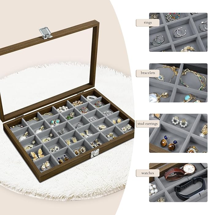 Stratalife Wood Jewelry Organizer 30 Grid Earring Tray Jewelry Holder Ring Box Earring Holder Organizer with Clear Lid Ring Storage for Women Vintage Style - Image 4