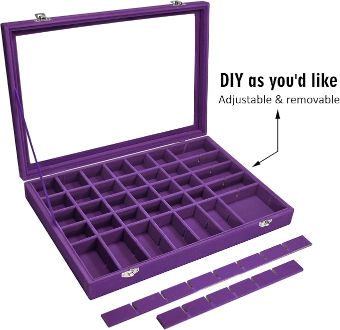 Siveit Velvet Jewelry Tray 48 Grid Jewelry Display Tray Organizer Box with Transparent Lid Rings Earrings Necklaces Pendants Display Box Suitable for Women and Girls (Purple) - Image 6