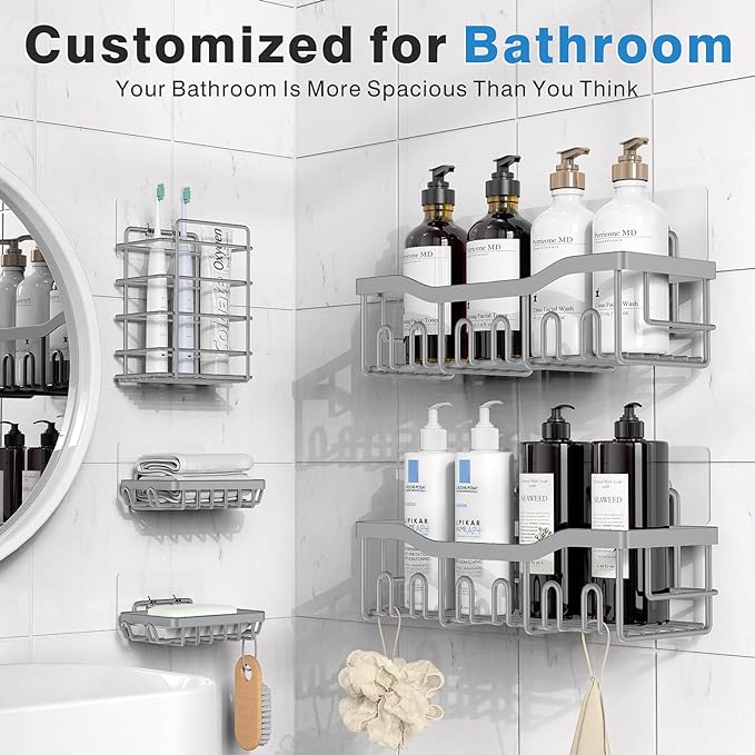 EUDELE 5-Pack Rustproof Stainless Steel Shower Caddy Set– No Drill Adhesive Bathroom Organizer, Space-Saving Shower Shelves for Apartment Essentials, Bathroom/Kitchen Storage Home Decor-L Size - Image 2