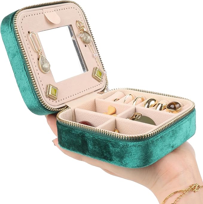 OceeK Plush Velvet Jewelry Box,Travel Jewelry Case and Organizer with Mirror,Jewelry Box for Women Girls,Green,1 Pack - Image 3