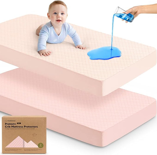 2-Pack Waterproof Crib Mattress Protector Cover Fitted - Quiet Baby Crib Mattress Pad Sheets, 52" x 28" Soft Quilted Cotton Baby Sheet, Machine Washable, Easy Fit, Durable (Mist Rose/Quin)