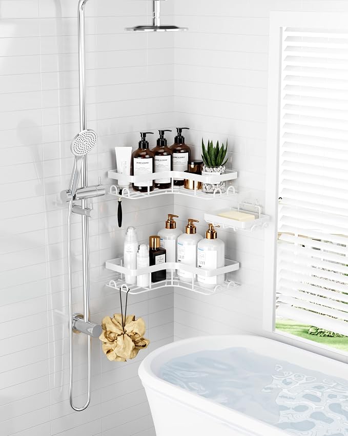 Sakugi Corner Shower Caddy - 3-Pack Shower Organizer with Soap Holder & Built-In Hooks, Rustproof Metal Shower Shelves, Laundry, Kitchen, Bathroom Organizers and Storage Solution, Large, White - Image 3