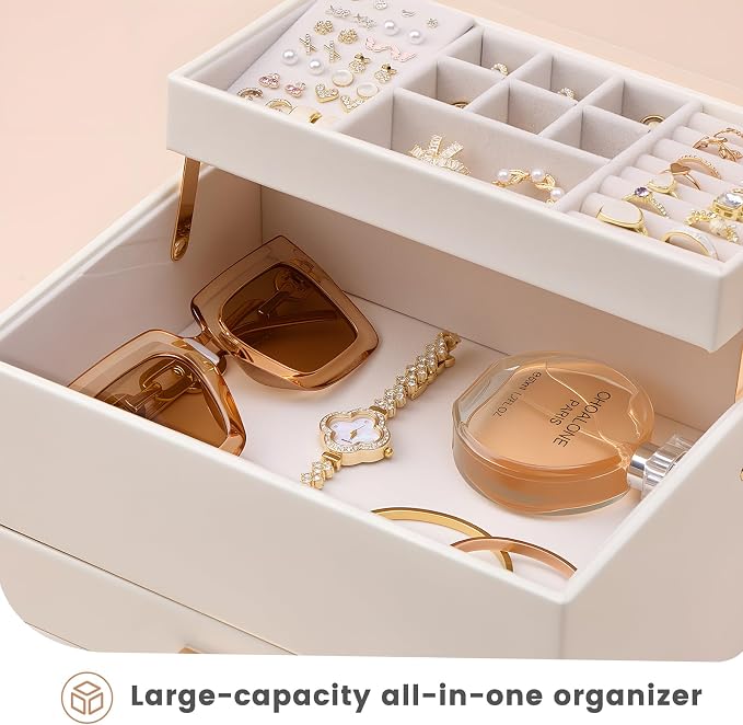 Lolalet Jewelry Box, Clear Window Jewelry Organizer with Drawer for Earrings Bracelets Necklaces Rings, Jewelry Storage for Women -White, 4 Layers - Image 3