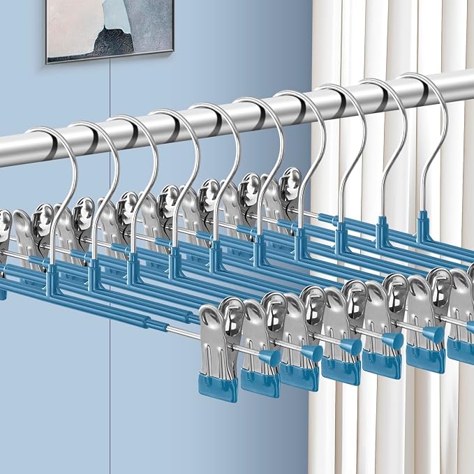 Pants Hangers with Clips 10 Pack Adjustable Skirt Hangers for Women Non-Slip Trousers Hanger for Jeans Clothes Hangers for Pants Heavy Duty Space Saving Shorts Hangers,Blue,12Inch by HWAJANClothesOrganizer