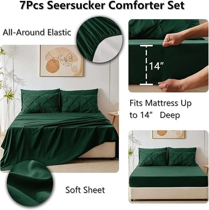 CozyLux Queen Comforter Set Emerald Green, 7 Pieces Pintuck Bed in A Bag, Premium Green Comforter Queen Size, Pinch Pleat Bedding Sets with Comforter, Sheets, Pillowcases & Shams