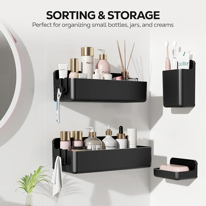 Nieifi Adhesive Wall Shelf, Shower Shelves, Shower Organizer for Bathroom Organization (Black, 4 pieces) - Image 8