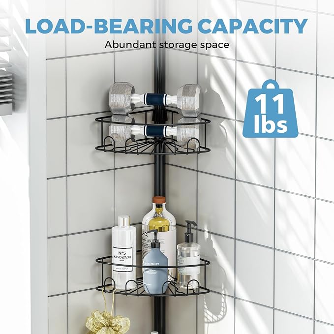 Corner Shower Caddy Tension Pole，4 Tier Adjustable Bathroom Organizer Shelves，Inside Shower Storage With Hidden Hook & Towel Holder,63.7-119 Inch No-Drill Quick Installation Shower Rack,Black - Image 6