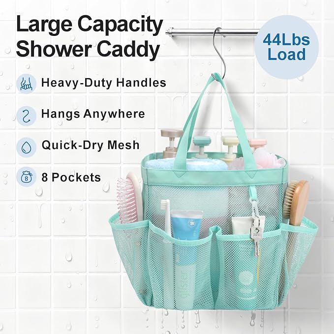 F-color Mesh Shower Caddy Portable, Upgrade Deeper 7 Pockets Shower Bag Basket Tote for College Dorm Room Toiletry Bathroom Essentials Gym Camp Quick Dry 2 handles with S Hook, Sage Green - Image 3