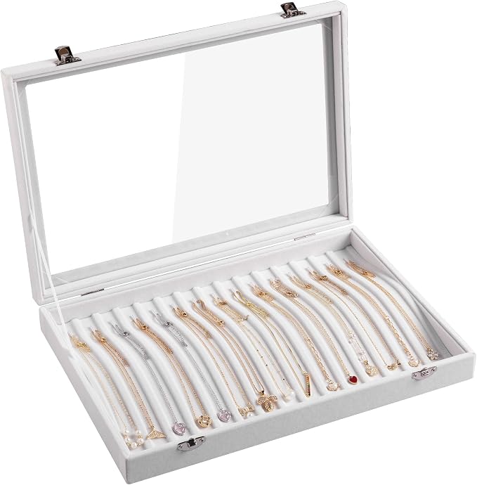 Frebeauty 15 Hooks Necklace Tray,Neckalce Organizer with Clear Lid,Velvet Necklace Holder Box,Jewelry Organizer for Pendants Chains,13.8x9.5x2 inches Necklace Jeweley Tray for Women(White) by Frebeauty