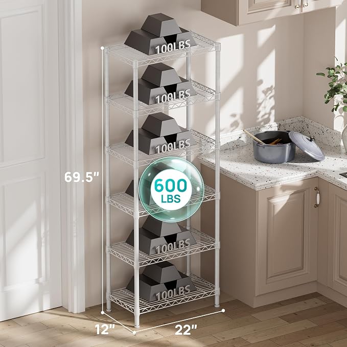 SINGAYE 6 Tier Shelf Adjustable Storage Wire Shelving Unit Metal Shelves Standing Closet Bathroom Organizers Pantry Kitchen Garage Laundry Room Organization Home Rack 12" D X 22" W X 69.5" H White - Image 3